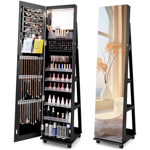 CHARMAID Jewelry Cabinet Armoire with Wheels, 64' Full Length Mirror with Jewelry Storage, 3-Color...
