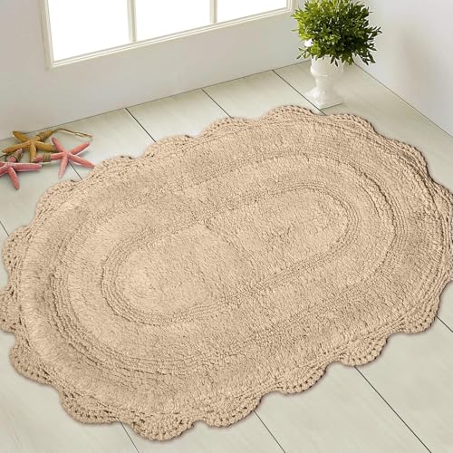 Chardin home Beige Crochet Bathrug, 100% Cotton Oval bathmat with artisanally Handcrafted Crochet Border, 21x34 Inch, Medium Rug, Perfect for Half Baths, Powder Rooms, bathrooms