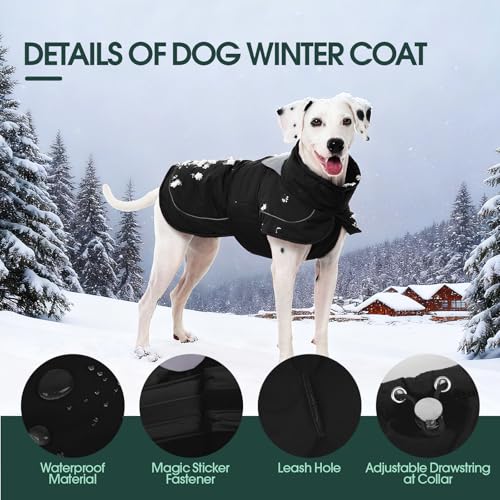 Kuoser Hundemantel Hundejacke, Wasserdichter Wintermantel für Hunde, Verstellbarer Kragen mit Kordelzug, Reflektierend & Sicher, Schwarz XL