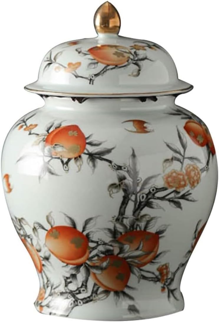 Vase Tabletop Ginger Jar for Decoration Porcelain with Lid Chinese Longevity Peach Ceramic Temple Jar Decorative Decor Table(20 * 28.5cm)