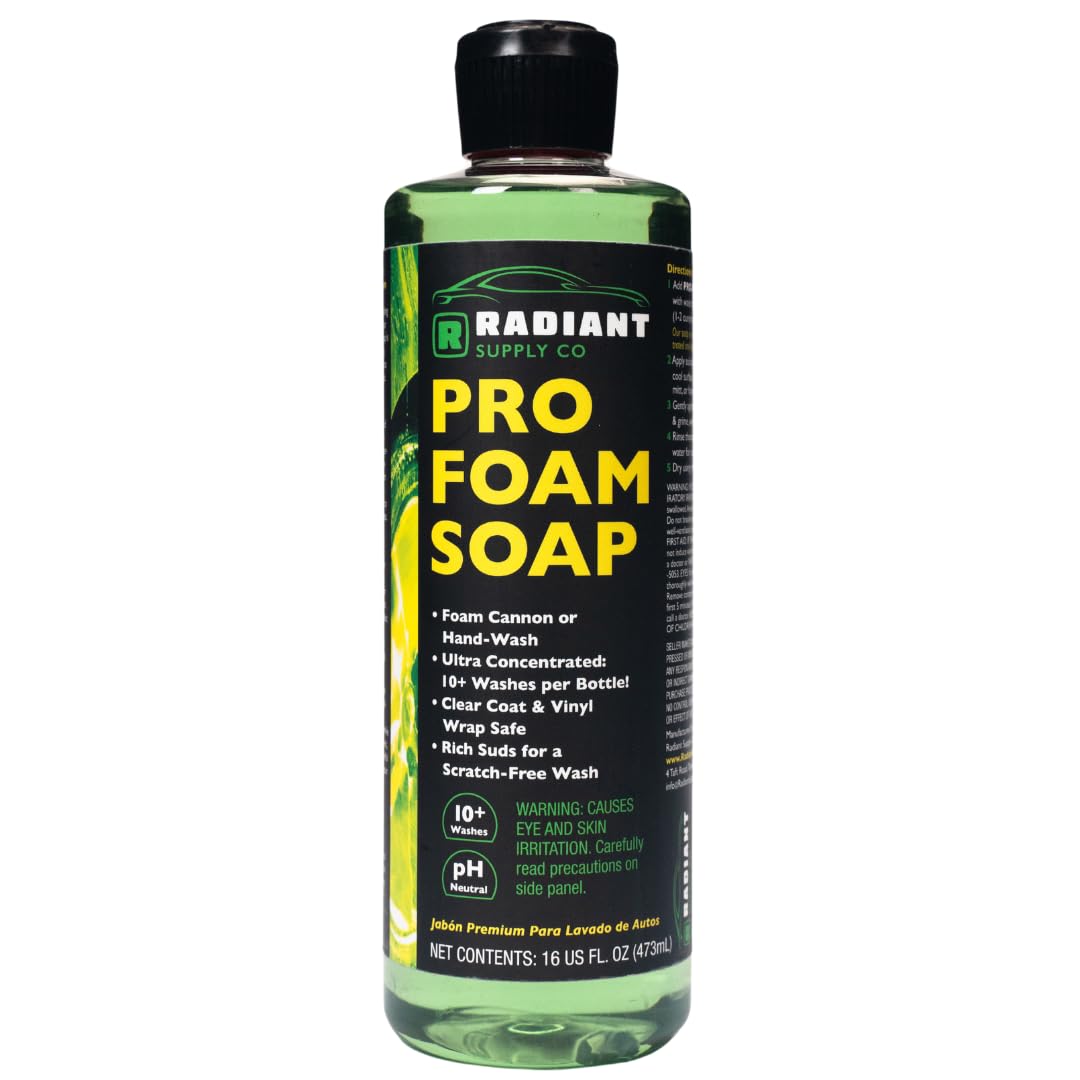 Radiant Supply Professional Car Wash Soap for Foam Cannons or Bucket Washes, Ultra Concentrated and pH Balanced, 10+ Washes for Cars, Trucks, Motorcycles, RVs, 16oz