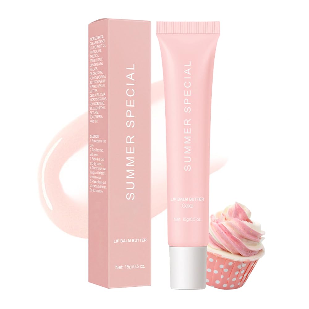 Summer Lip Glossy Butter Balm, Instant Moisture Sheer Pink Glitter Tint, Non-Sticky, Conditioning Formula to Soothe & Repair Dry, Chapped Lips, Jelly Lip Stain with Natural Scent (#4Cake, 1Pc)
