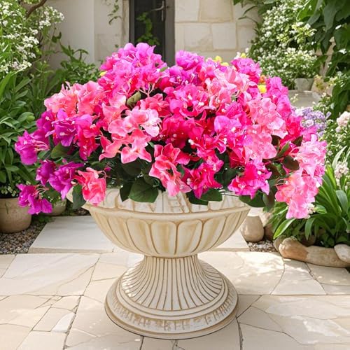 6 Bundles Outdoor Faux Flowers Realistic UV Resistant No Fade Artificial Silk Bougainvillea Flowers Bush Outside Decor-Autumn Rosy Flower for Front Porch Planter, Patio, Thanksgiving Christmas