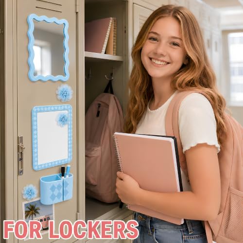 Image of 8 PCS Blue Locker Accessories Kit for Girls with Magnetic Mirror Whiteboard Pen Holder Flower Magnets Cute Aesthetic Locker Decoration Set for School Dorm Office Organization