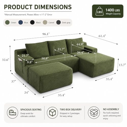 Image of Boneless Couch, Modular Sectional Couches for Living Room, U-Shaped Cloud Couch Sofa with Deep Seat, Fluffy Corduroy Upholstered Corner Sofa