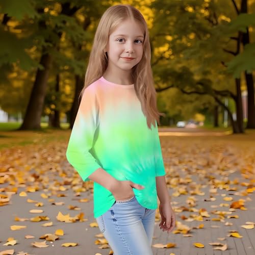 Tops for Teen Girls 3/4 Length Sleeve Fall Tshirts Comfy Crewneck Clothes Elbow Length Sleeve Vacation Kids 3-14 Years3