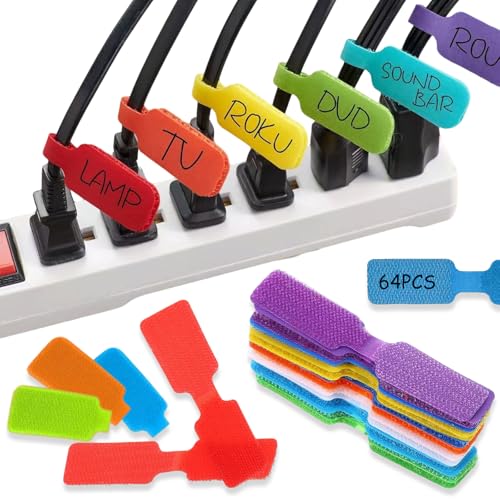 64 Pcs Multi-Color Reusable Cable Labels Write On Waterproof Cable Tags Hook and Loop Fastener Self Adhesive Cabl Markers Tags Stickers for Cord Management and Identification