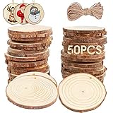 AerWo 50pcs Hanging Wood Slices + 50pcs Twines, Unfinished Natural Round Wood Slices DIY Craft...