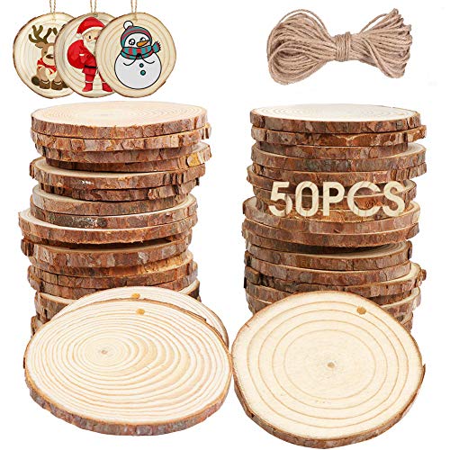 AerWo 50pcs Hanging Wood Slices + 50pcs Twines, Unfinished Natural Round Wood Slices DIY Craft Rustic Wedding Decoration Christmas Tree Ornaments