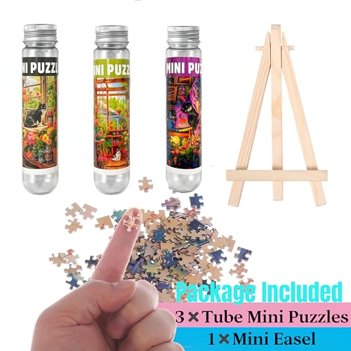 Puzzles pequeños para adultos 150 piezas pintura al óleo vintage gato Mini puzzles desafiantes 6 x 4 pulgadas, 3 piezas, incluído mini caballete miniatura 7