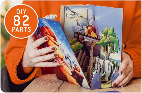 Revell Tiny Adventures Buchstütze König der Löwen I Disney 3D Holz Puzzle mit LED I Simba Szene als Miniatur-Book Nook für Bücherregal I Kreatives Geschenk für Kinder, Filmfans & Bastelbegeisterte