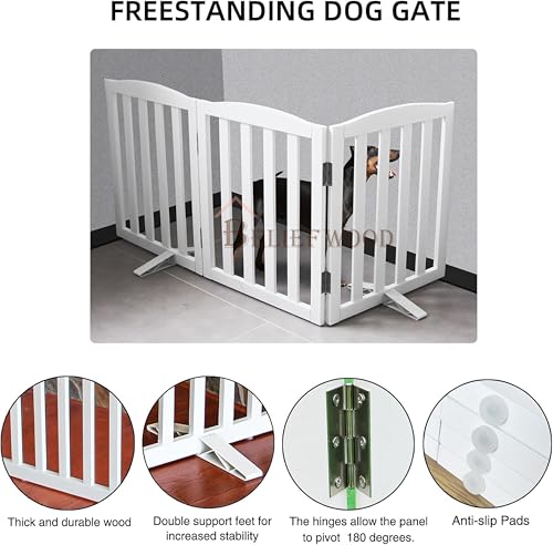 Image of Freestanding Pet Gate, Folding Safety Fence Wooden Kids & Dog Gate with 2PCS Support Feet Ideal for Stairs, Doorways, Halls, Kitchens, Indoors Gates, 24 inch(60 Cm), White (3 Panel)