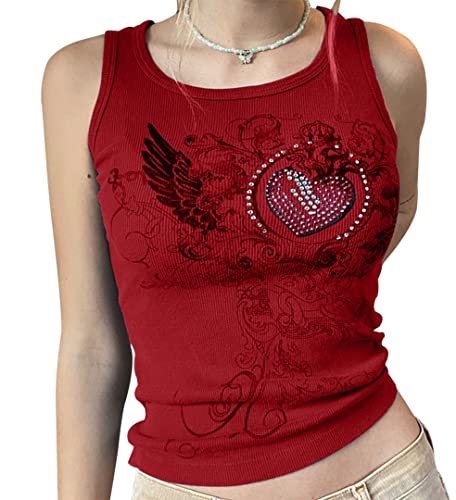 Meladyan Women Heart Rhinestone Graphic Print Sleeveless Crop Tank Ribbed Fairy Grunge 90s E-Girl Goth Vest Shirt Top