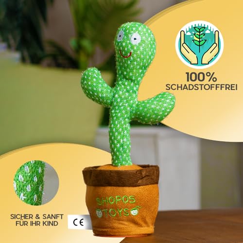 SHOPOS Tanzender Sprechender Kaktus ORIGINAL DEUTSCHE Version 2025 | Kinderlieder | Sicheres Spielzeug für Kleinkinder | Singender Kaktus Spielzeug Nachsprechen | Kinder Geschenk