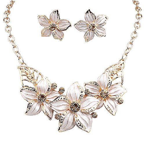 Zjzhao Shop Fashion Women Crystal Flower Statement Gold Plated Necklace Earrings Jewelry Set (White)