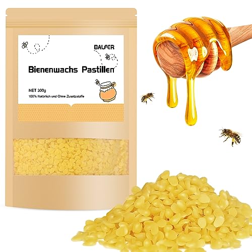 BALFER 100% Reine Bienenwachs Pastillen 300g, für Kosmetik, Kerzen, Cremes, Salben, Seifen, Bienenwachstücher, Kerzenherstellung und Leder-/Holzpflege, Granulat Gelb