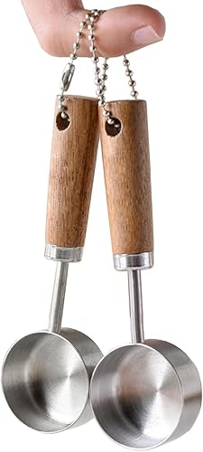 JASHII Juego de tazas medidoras de 0.5 fl oz0.47 oz con mango de madera, 2 cucharas medidoras de acero inoxidable plateado, juego de utensilios de