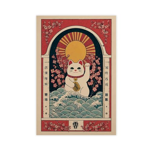 Idée cadeau originale : poster sur toile chat porte-bonheur japonais et soleil levant