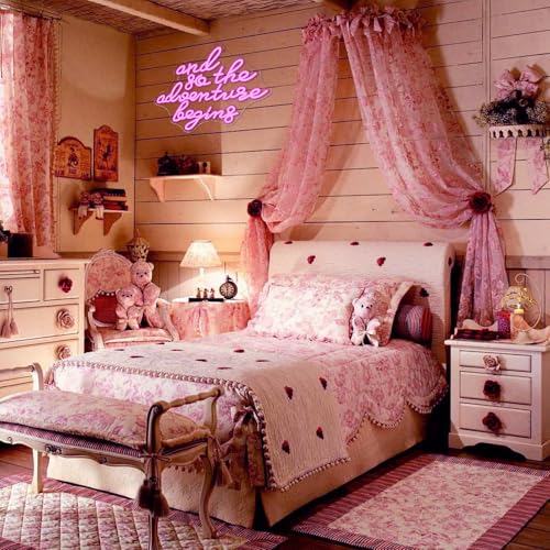Image of Pink Neon Sign Dimmable Wanderlust LED Wall Light for Campervan Decor | 16.5*12.5IN,And So the Adventure Begins,Five level brightness adjustment,USB powered,For Bar,Pub,Club,Bedroom,Party,Weedding