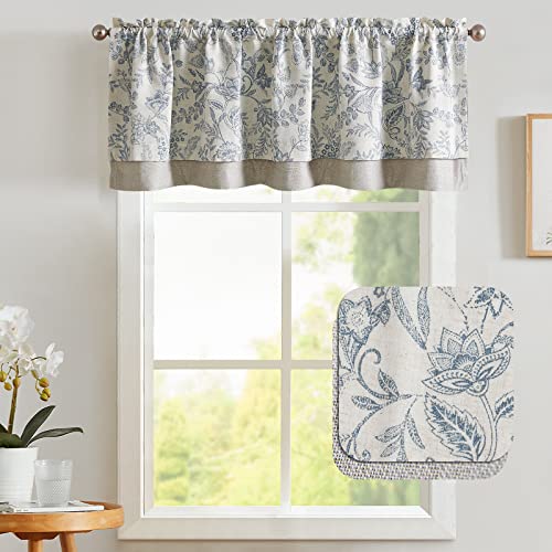 Vangao Farmhouse Linen Valance Curtain For Kitchen Floral Rustic Double Layer Blackout Rod Pocket Window Topper Treatment 18 Inch Blue On Beige #TOP1