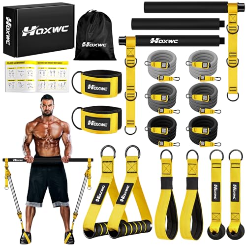 Portable Pilates bar kit with resistance bands, designed for home workouts, featuring adjustable components and a muscular man demonstrating its use.