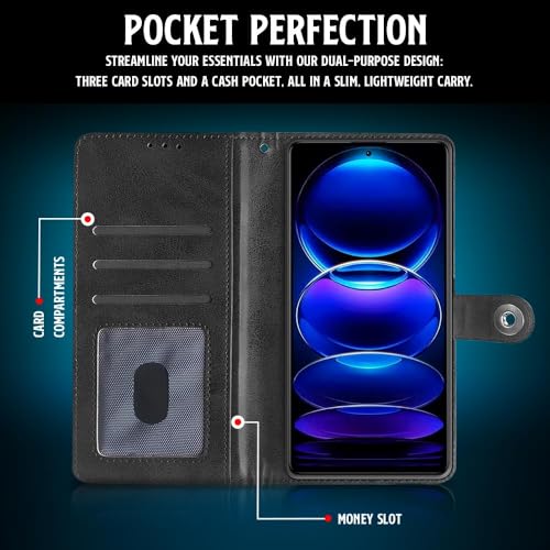Image of WOW IMAGINE Shock Proof Flip Cover Back Case for Redmi Note 12 Pro 5G (Magnetic Button Flip Case | Wallet Pockets & Stand | Leather Finish | Haze Black)