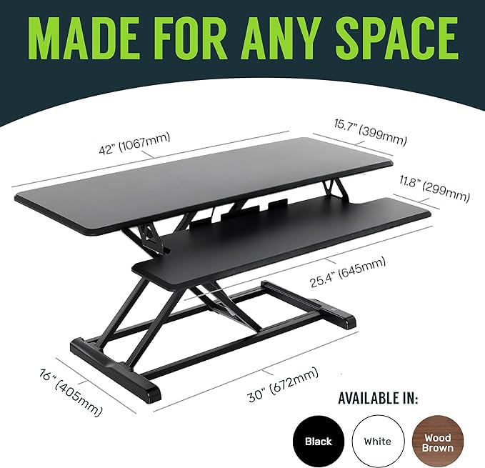Image of TechOrbits Standing Desk Converter - 42 Inch Adjustable Sit to Stand Up Desk Workstation, MDF Wood, Ergonomic Desk Riser with Keyboard Tray, Desktop Riser for Home Office Computer Laptop, Black 42 inch