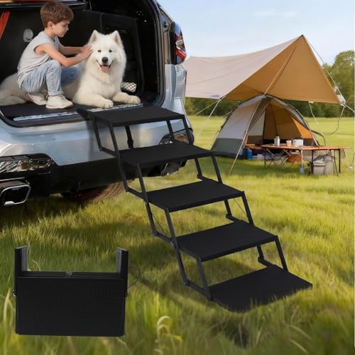 Hundetreppe Auto Klappbar- Hundetreppen Große Hunde [bis 90kg] und alte Hund - Gelenkschonende Einstiegshilfe Hunde Auto, SUV, LKW Kofferraum- Hundeleiter Faltbar mit Anti-rutsch Einsatz - 5 Stufen