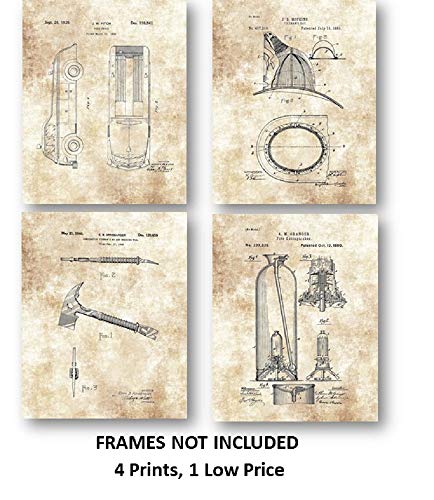 Fireman Truck, Hatchet, Fireman's Hat, Fire Extinguisher Artwork - Set of 4 8 x 10 Unframed Patent Prints - Great Gift for Firefighters and First Responders