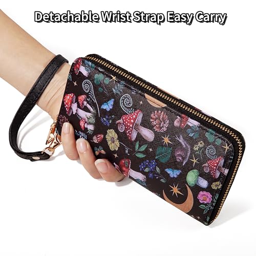 Image of Checkered Highland Cow Print Book Wallet For Women Skull Goth Frog Butterfly Ladies Cluth Wristlet Wrist Strap Long Purse Zip Around Card Holder