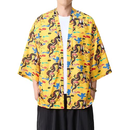 PRIJOUHE Kimono For Men Japanese Style Kimono Robe Jacket Lightweight Open Front Cardigan Seven Sleeve Yukata Coat