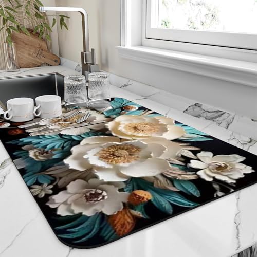 Image of Dish Drying mat for Kitchen Water Absorbent mats for Kitchen Utensils Large Dry mat for Kitchen Utensils Drying mat Water Absorbent mats for Kitchen Large Size 58x38cm (Design 16)
