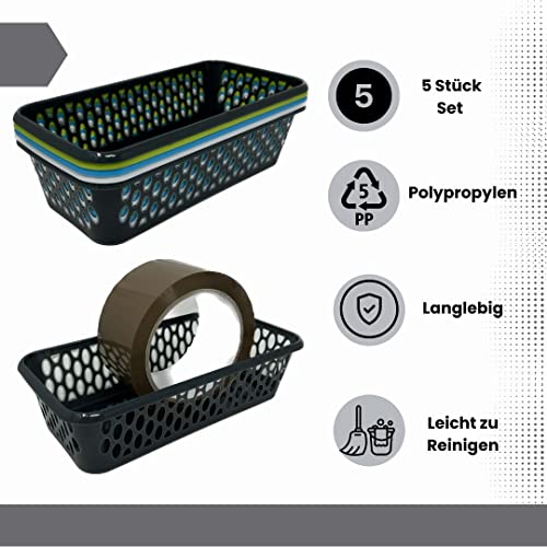 Aufbewahrungskorb Körbchen Korb Kunststoff farbig 5 Stück Set Größenauswahl, Größe:19.5 x 9.5 x 5 cm