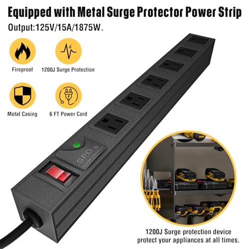 YYR-Power-Tool-Organizer-with-Charging-Station-Wall-Mount-Cordless-Drill-and-Battery-Holder-for-Garage-Organization-Electric-Tools-Storage-Rack-Build-in-Surge-Protection-Power-Strip-Black-Shelf