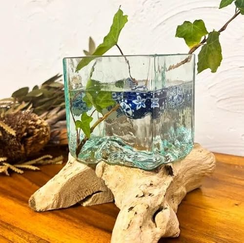 天然流木のガラスポット(スクエア)♪ 花瓶 花器 ウォーターベース 置き物 オブジェ インテリア おしゃれ ナチュラル カフェ リゾート ホテルライク トライバル