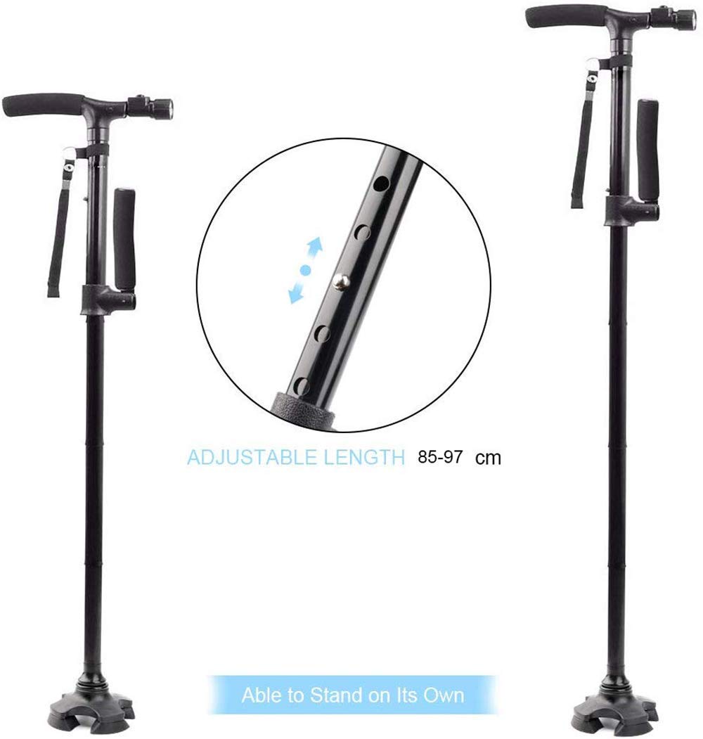 Bastones Bastón Plegable con luz LED Bastón Extensible autoportante con Doble empuñadura y muletas Regulables en Altura para Personas Mayores