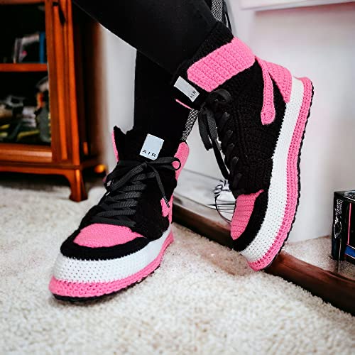 Custom Knitted Cozy Pink Sneaker Plush Slippers, Basketball Jordan-Inspired Booties Cotton Socks, Personalized Comfort Comfy Indoor Shoes, Handcrafted Crochet Sneakers Slipper4