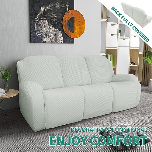 Image of YEMYHOM 8 Pieces Stretch Recliner Sofa Cover Jacquard Reclining Couch Cover with Side Pocket Anti-Slip Fitted 3 Cushion Furniture Slipcovers with Elastic Bottom (Sofa Recliner, Ivory)