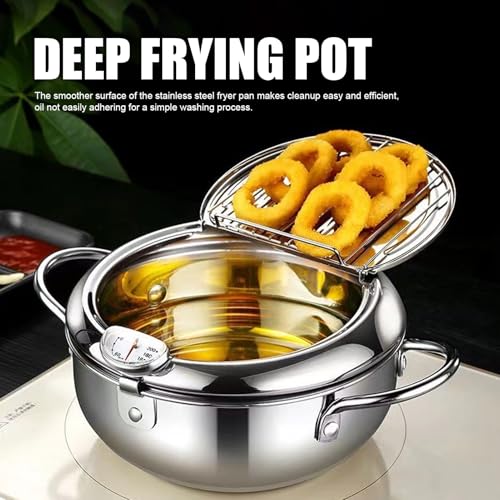 YUEHISY Fryer Pot, Quickly Conduct Heat, Smooth Surface, Frying Pot with Lid, Kitchen French Fries, Stainless Steel, with Basket, Multifunctional (24cm)