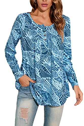 Enmain Mujer Casual Túnica Tops Floral Manga Larga Plisado Señoras Swing Tops Blusa Suelta Botones hasta V-Cuello Tallas Grandes Túnica Camiseta para Mujer Azul Claro L Cover