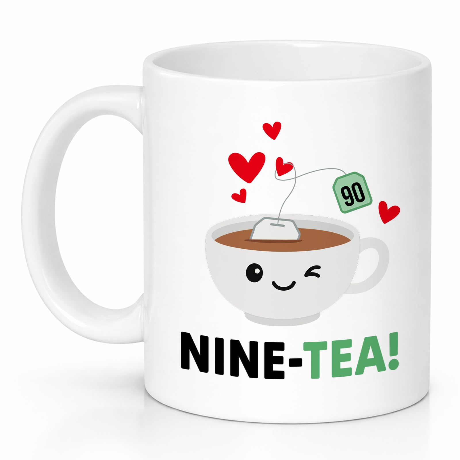 Custom Moments Nine-Tea Mug 90th Birthday Gifts for Women, Her, Friend, Mum, Wife, Funny Cute Tea Lover Cup, Smiley Heart Design, Ceramic Coffee Mug