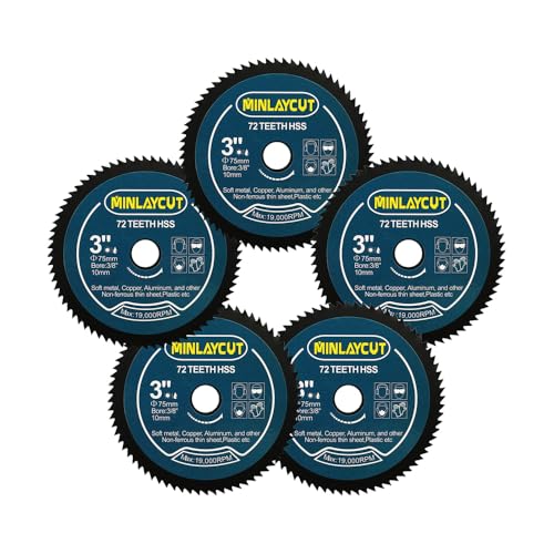 HSS Mini Saw Blade 3inch - MINLAYCUT 72T 10mm Bore Cutting Discs 5pcs 75mm for Wood, Copper, Aluminum, Plastic and Soft Metal