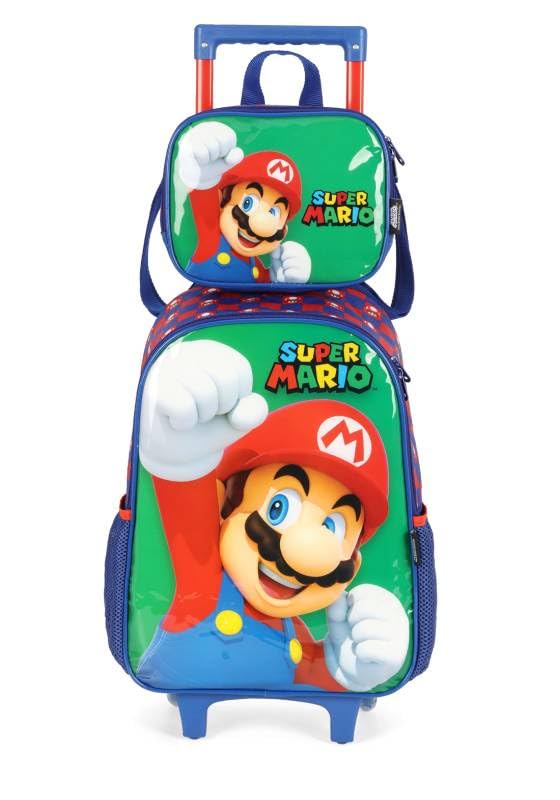 Mochila de Rodinhas Infantil Escolar Luxcel Super Mario - Azul, Verde e Vermelho