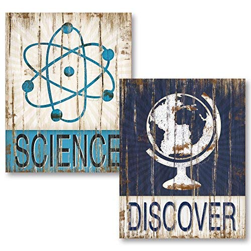 Leoner22art Sagebrush Fine Art Distressed Science and Discover Atom and Globe Set (Printed on Canvas, Not Wood), Two 8x10 inches Unframed Canvas Art Printed
