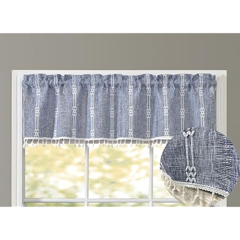 GOHD Country Road Boho Straight Valance Farmhouse Linen Kitchen Curtain Valance Vintage Chic Textured Tassel Valances(Straight Valance,Blue) Cover