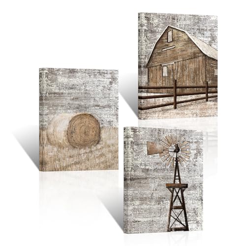 Apicoture Country Farmhouse Wall Art Barn Corn Windmill Painting Framed Rustic Barn Pictures Countryside Landscape Canvas Prints Wall Decor 12x16x3 Pieces