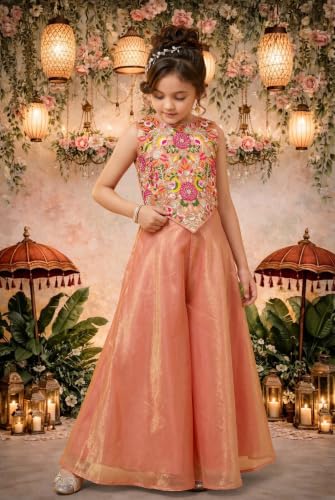 Image of Girls Art Silk Embroidered Kurta & Sharara Set | Festive & Wedding Traditional Outfit | Ethnic Wear for Kids | Stylish Sharara Suit Set