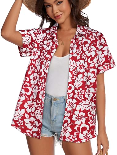 Image of Women Hawaiian Shirt Button Down Summer Tops Beach Short Sleeve Blouse