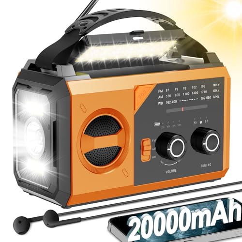 20000mAh 緊急気象ラジオ、AM/FM/NOAA ハンドクランクラジオ ソーラーラジオ USB/ソーラー/ハンドクランク充電ヘッドフォンジャック SOS アラーム 電話充電器 読書ランプ 緊急用