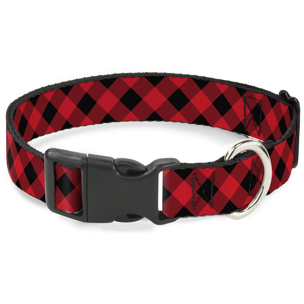 Buckle-Down Plastic Clip Collar - Diagonal Buffalo Plaid Black/Red - 1" Wide - Fits 11-17" Neck - Medium